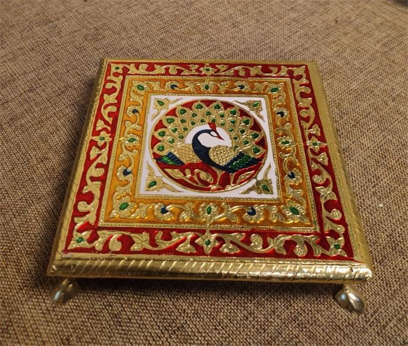 Meenakari Alla Chowki – 10 x 10 inch — Red and gold meenakari with a peacock medallion