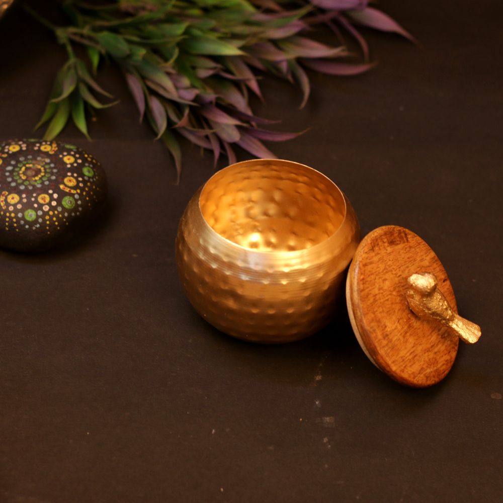 Hammered Matki Pot with Bird Lid — Hammered gold tone with a natural wood lid