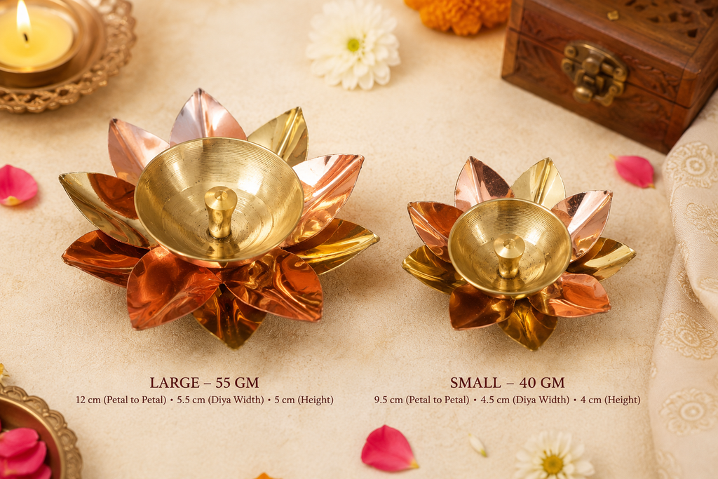 Heritage Kosh handcrafted lotus diya in dual-tone copper and brass finish, front view