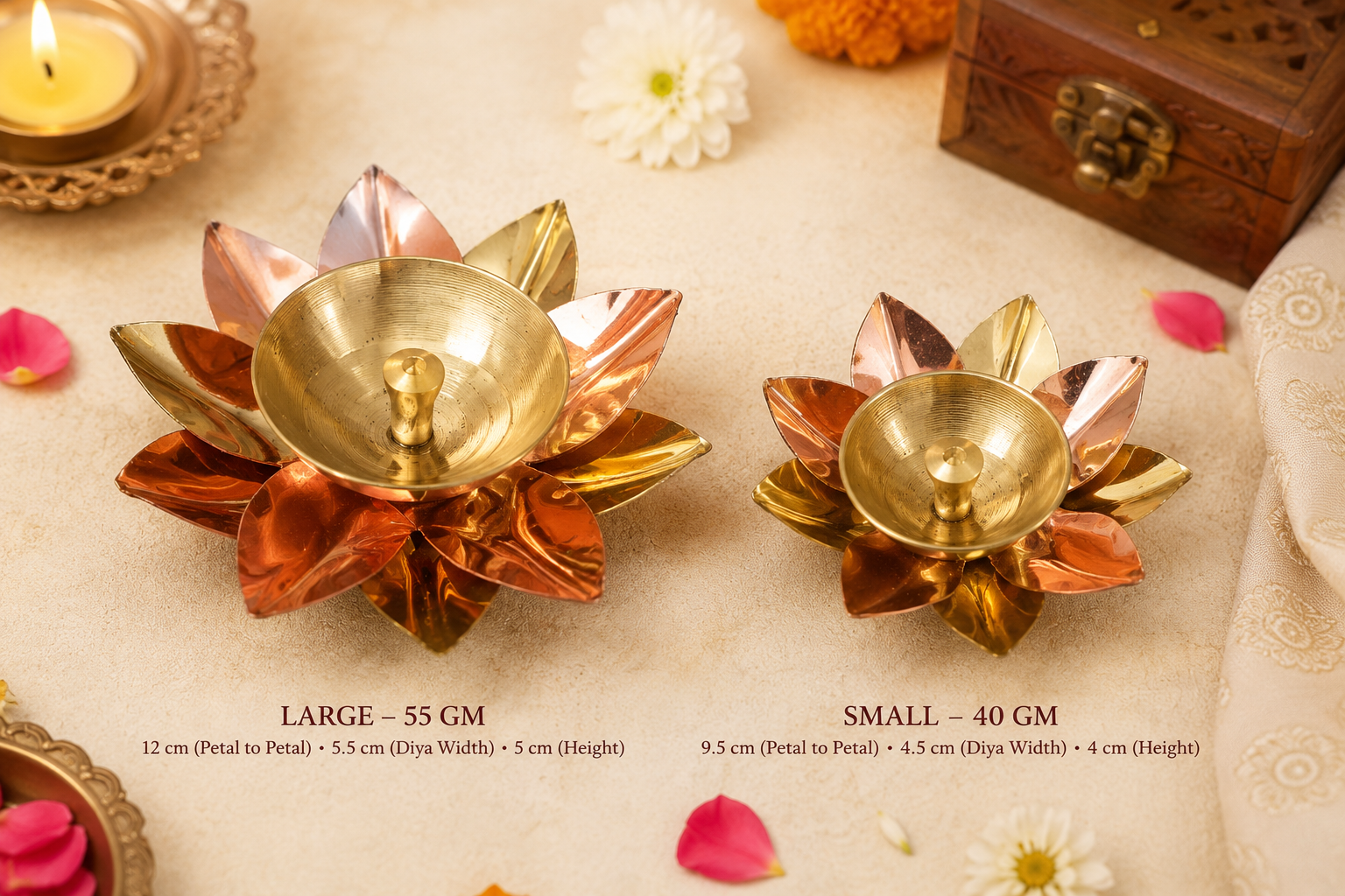 Heritage Kosh handcrafted lotus diya in dual-tone copper and brass finish, front view