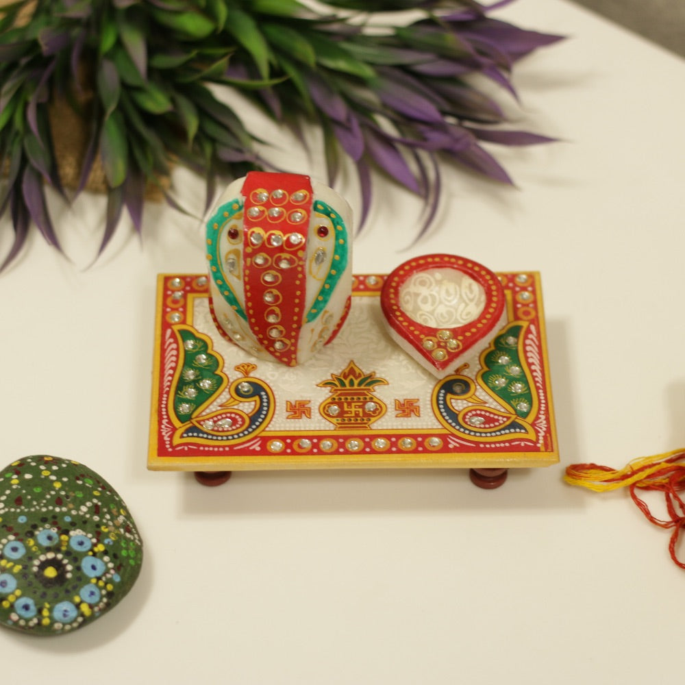 Marble Ganesh Chowki with Diya