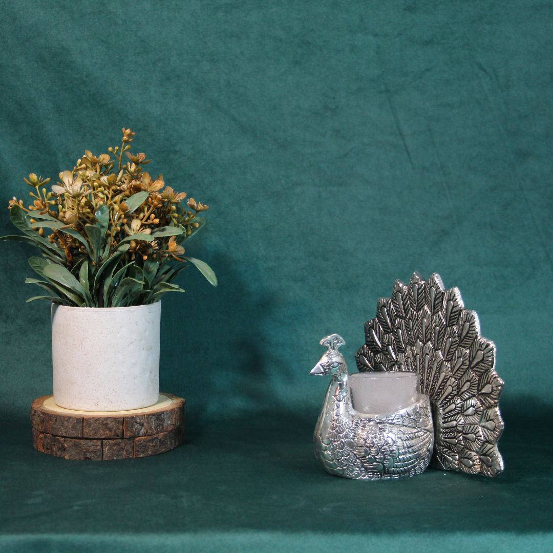 Peacock Tealight Holder with Spread Tail — Antique silver tone
