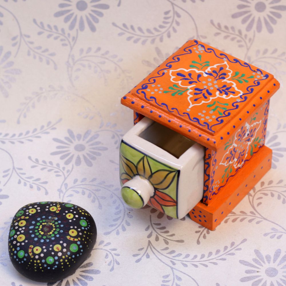 Hand-Painted Single Drawer Trinket Box — Orange, green and white with multicolour floral painting