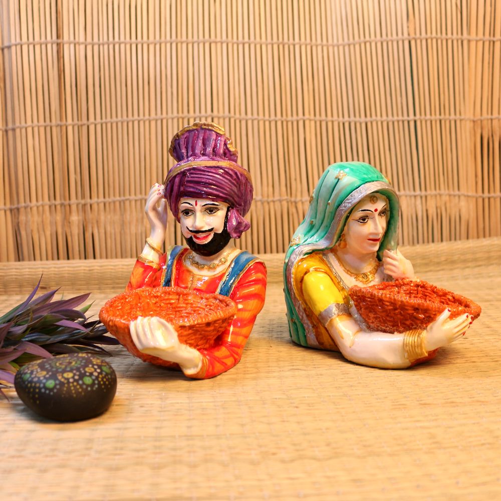 Painted Village Couple Bowl Set – Pair — Multicolour hand-painting on a terracotta-tone body