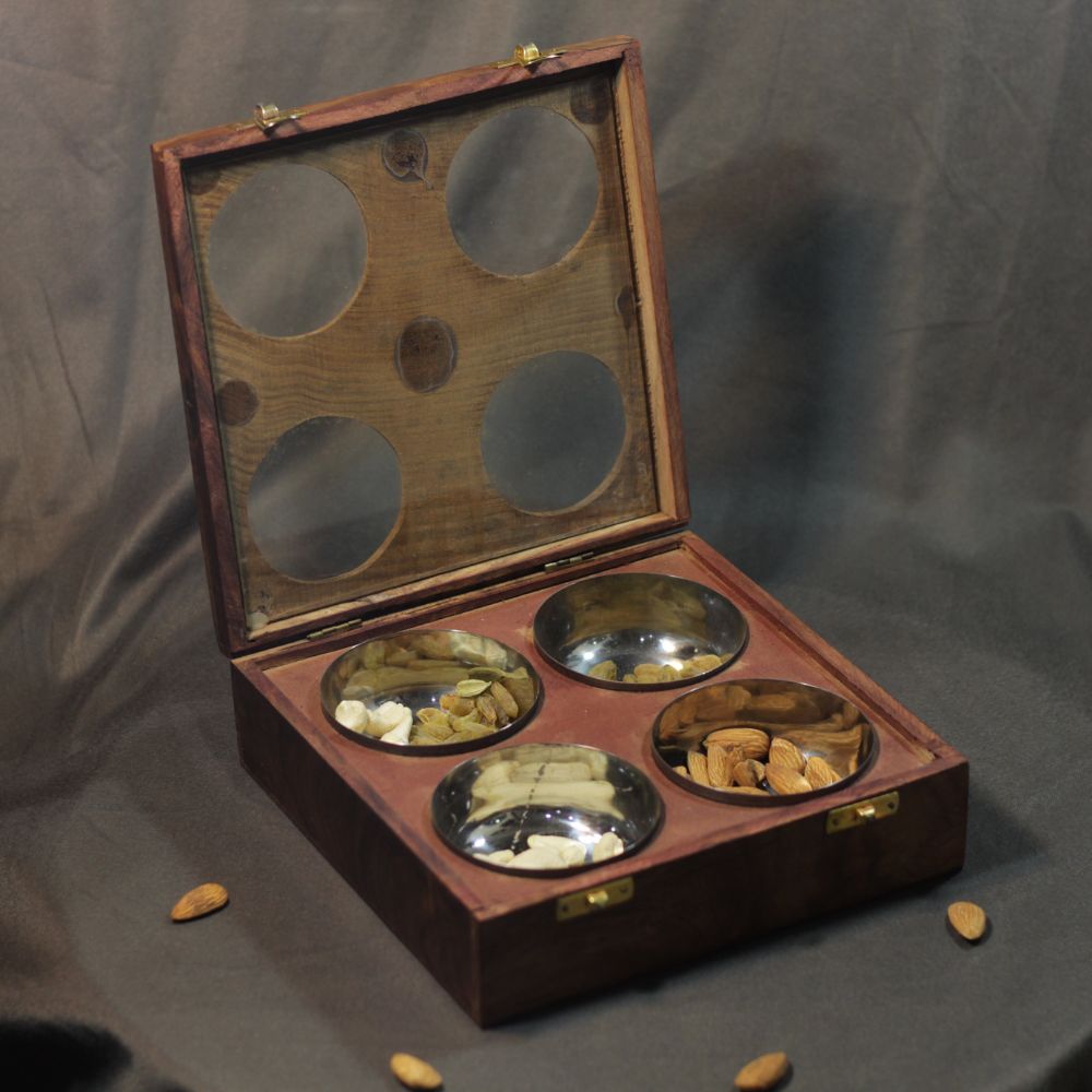 Wooden Dryfruit Box – 4 Bowl, 8x8
