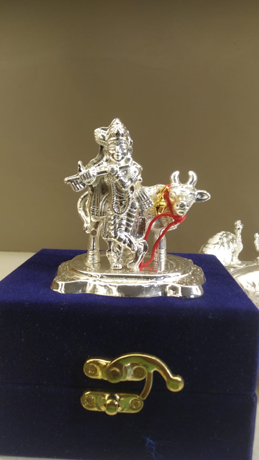 Silver-Finish Krishna with Cow Idol – Boxed — view 2