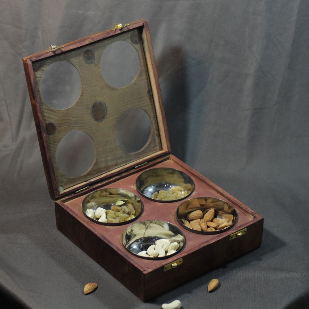 Wooden Dryfruit Box – 4 Bowl, 8x8