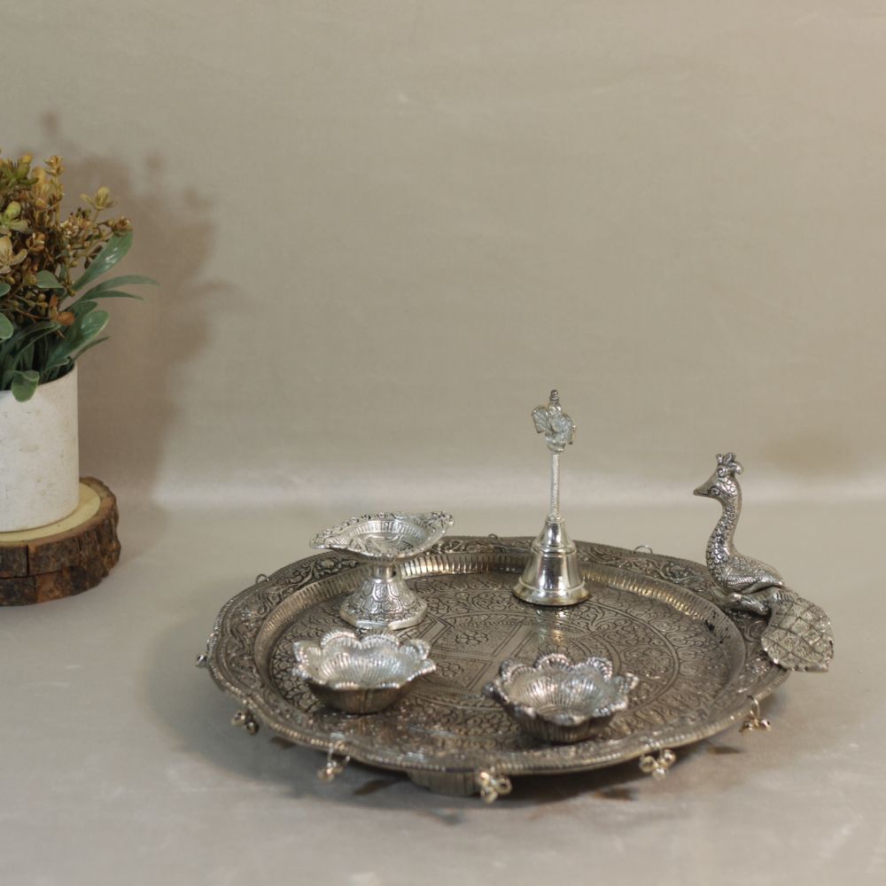 Peacock Pooja Thali with Diya and Containers — view 5