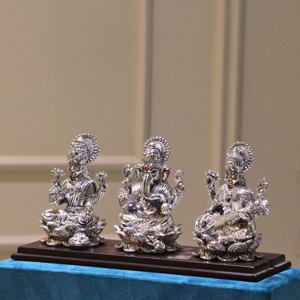 Laxmi Ganesh Saraswati Idol Set – Silver Finish, Boxed — view 2