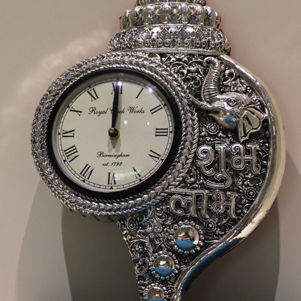 Shubh Labh Peacock Clock – Silver Finish