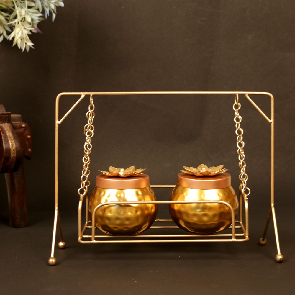 Jhula Matki Set on Golden Swing Stand — Antique gold tone