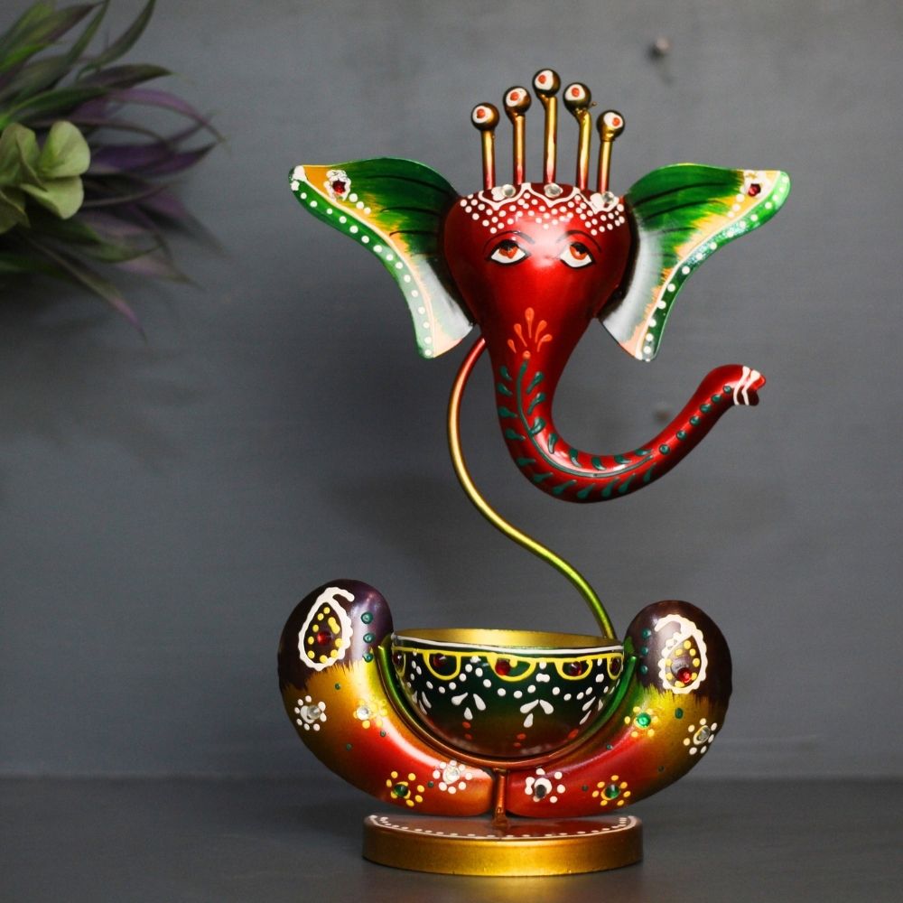 Painted Ganesh Tealight Holder – Red/Green