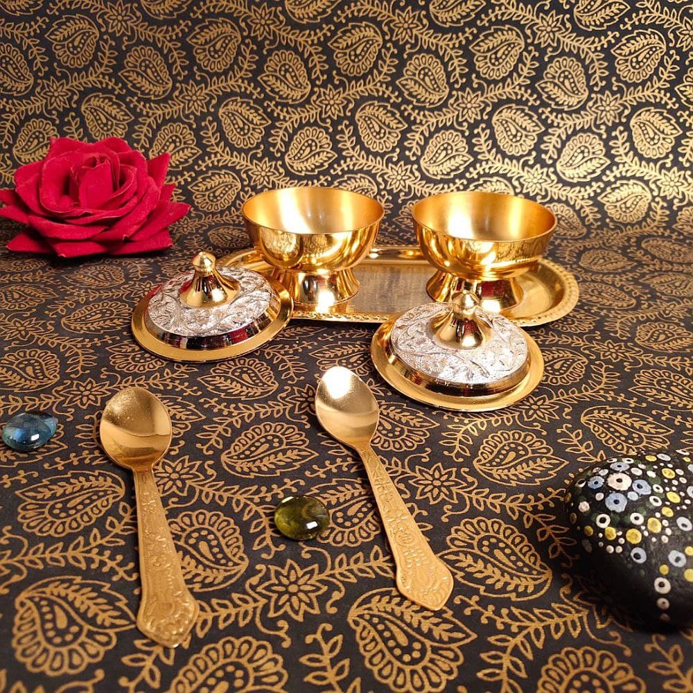 Two Tone Supari Bowl Set with Spoons and Tray — Gold bowls with silver lids and tray