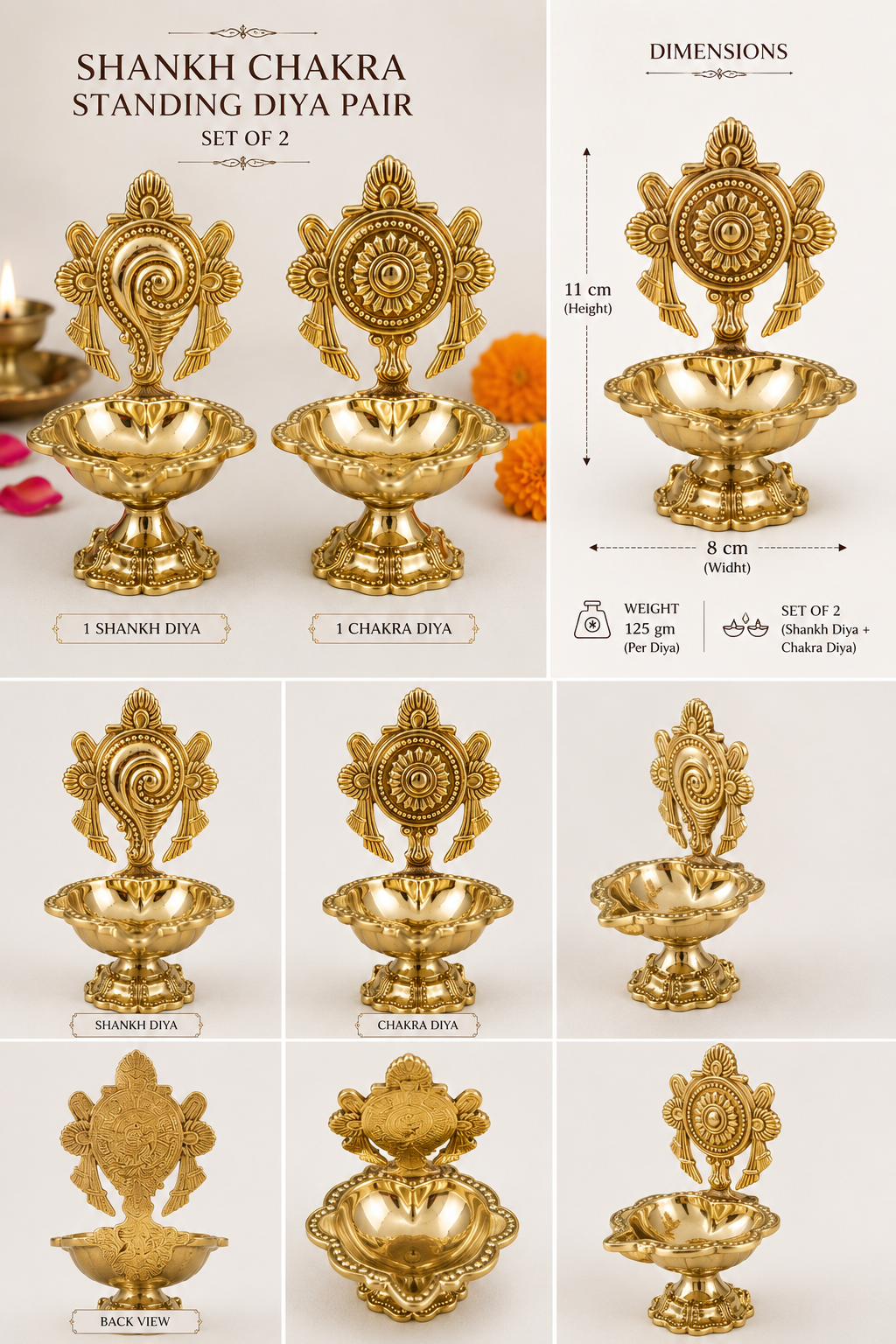 Shankh Chakra Standing Diya Pair – Handcrafted Golden Metallic Pooja Set