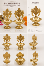 Shankh Chakra Standing Diya Pair – Handcrafted Golden Metallic Pooja Set