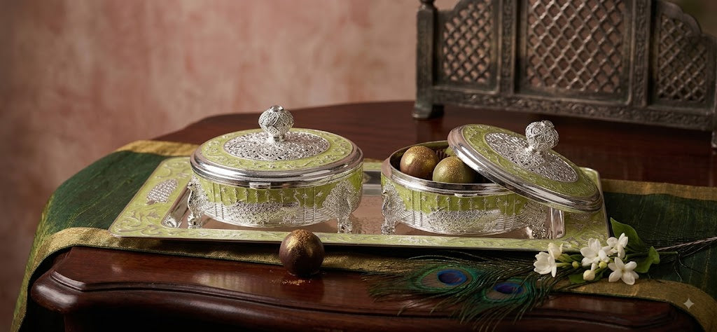 Peacock Dryfruit Bowl Set with Tray – Boxed