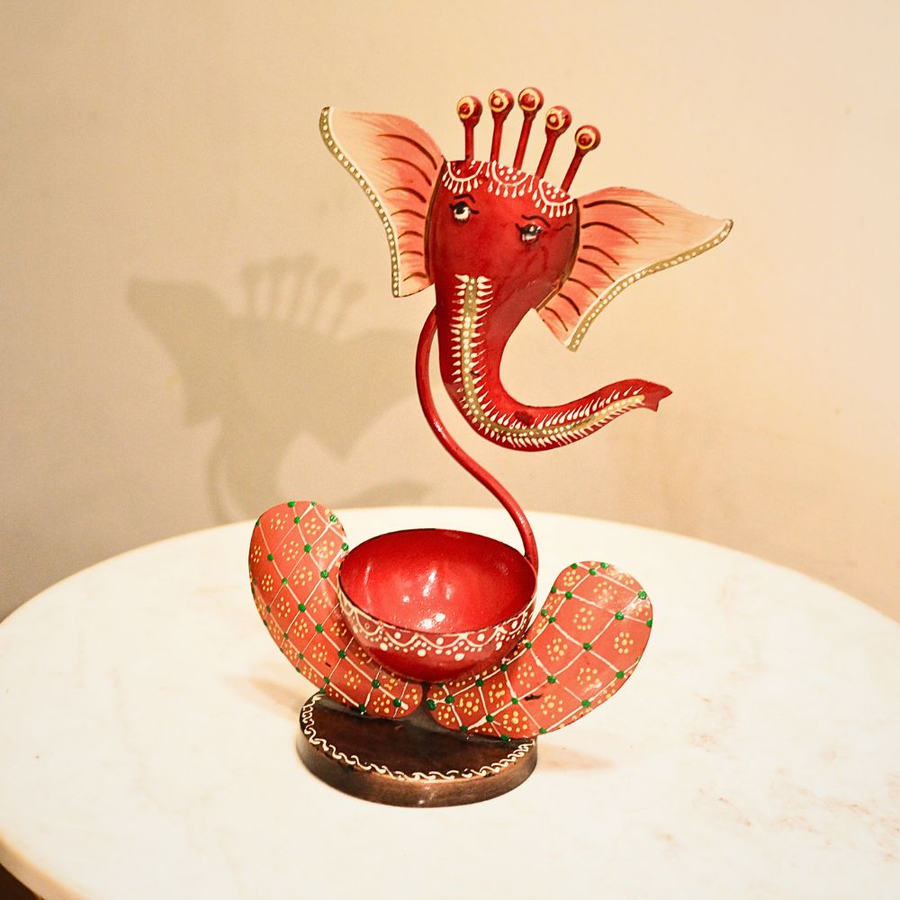 Painted Ganesha Tealight Holder – Red — view 2