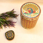 Meenakari Painted Wooden Jar – Medium — Saffron and gold meenakari with a peacock lid
