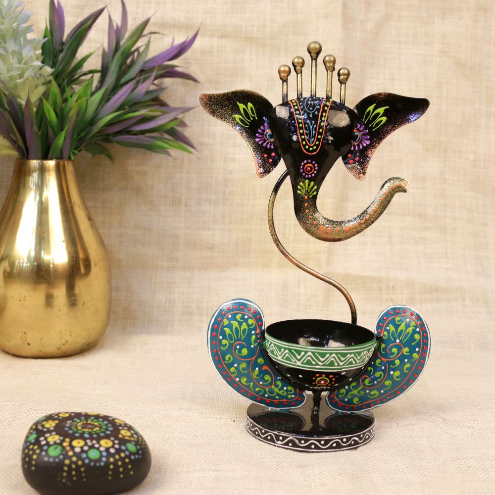 Painted Ganesha Tealight Holder – Black — view 2