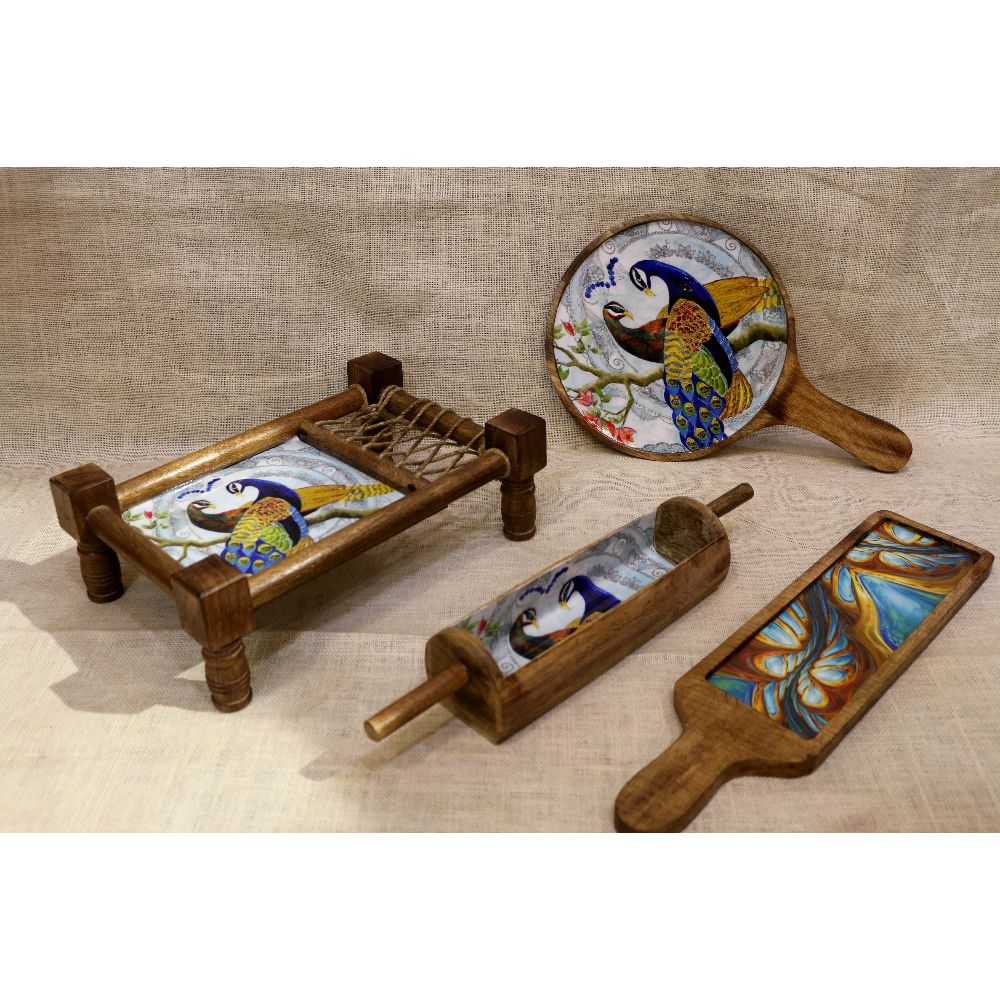 Painted Wooden Khatiya Platter Set – 4 Pieces — view 2
