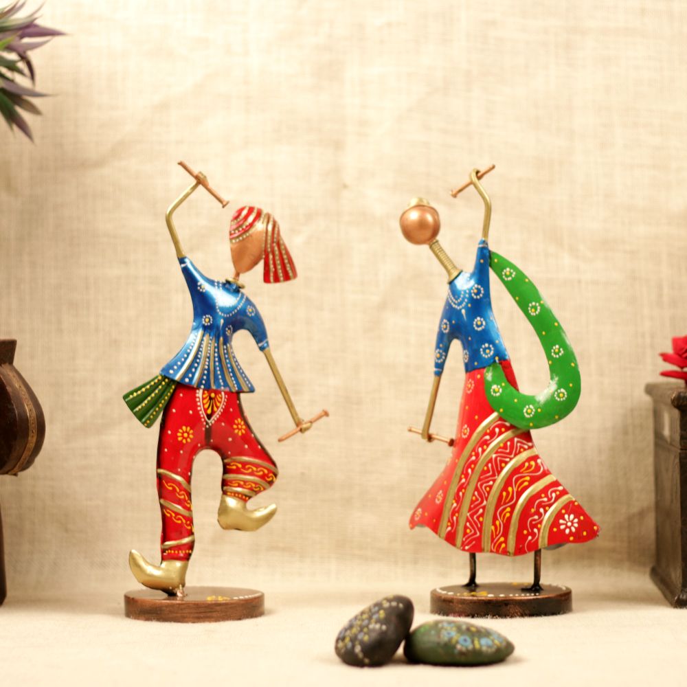 Dancing Dandia Couple – Set of 2, Red — Red, blue and green hand-painted over iron