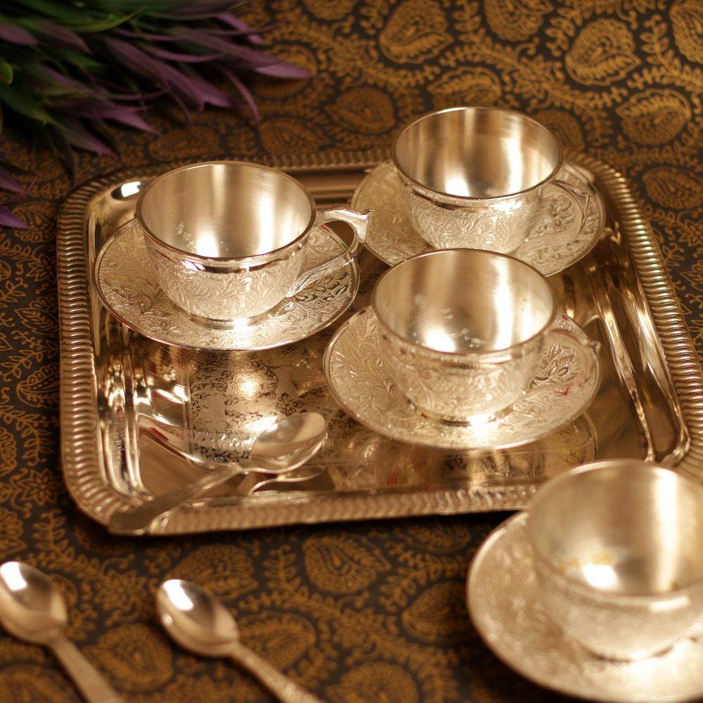 Silver Four Cup and Saucer Set with Tray — view 2