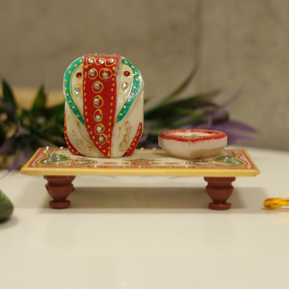 Marble Ganesh Chowki with Diya