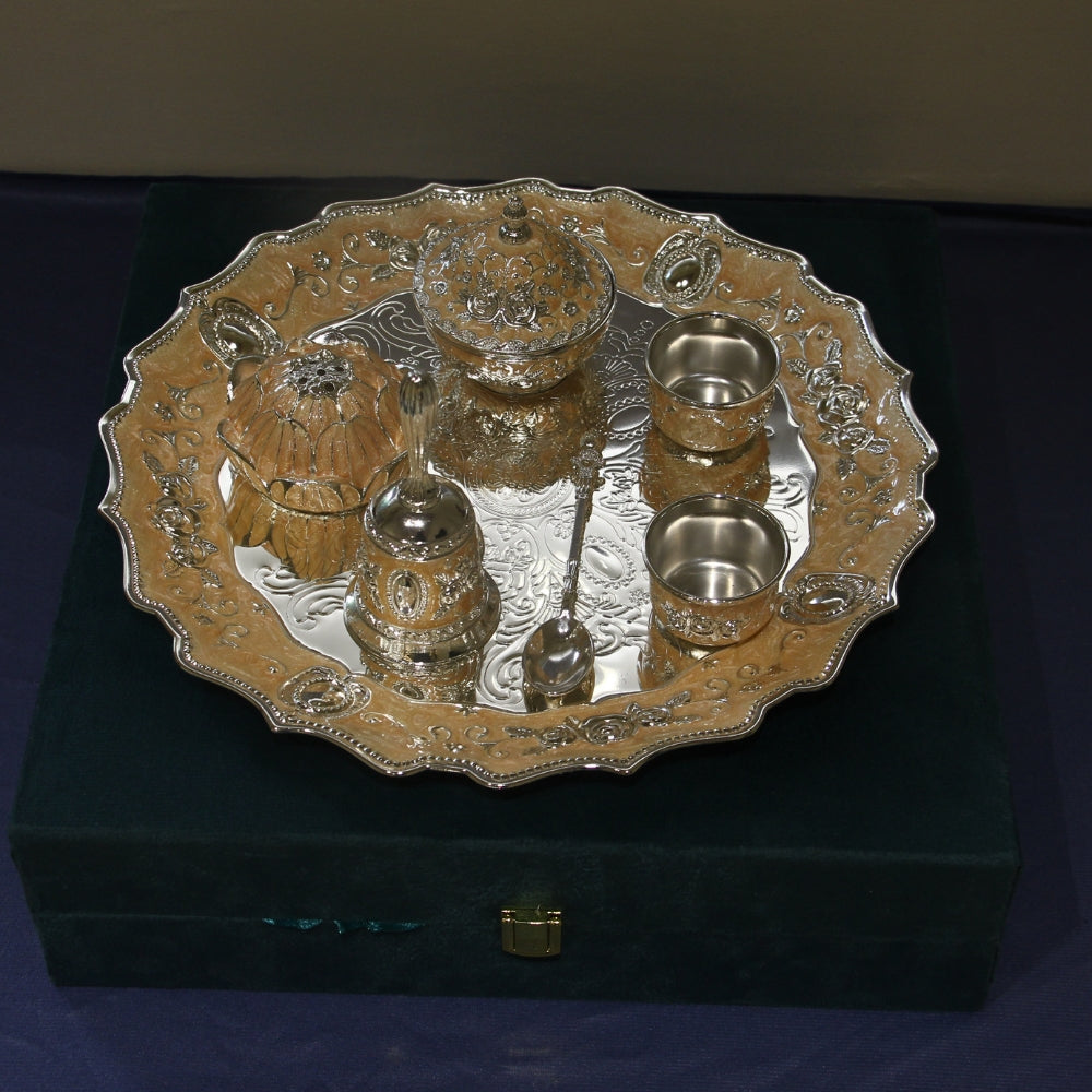 German Silver Pooja Thali Set – 7 Pieces with Gift Box — German silver with an antique finish