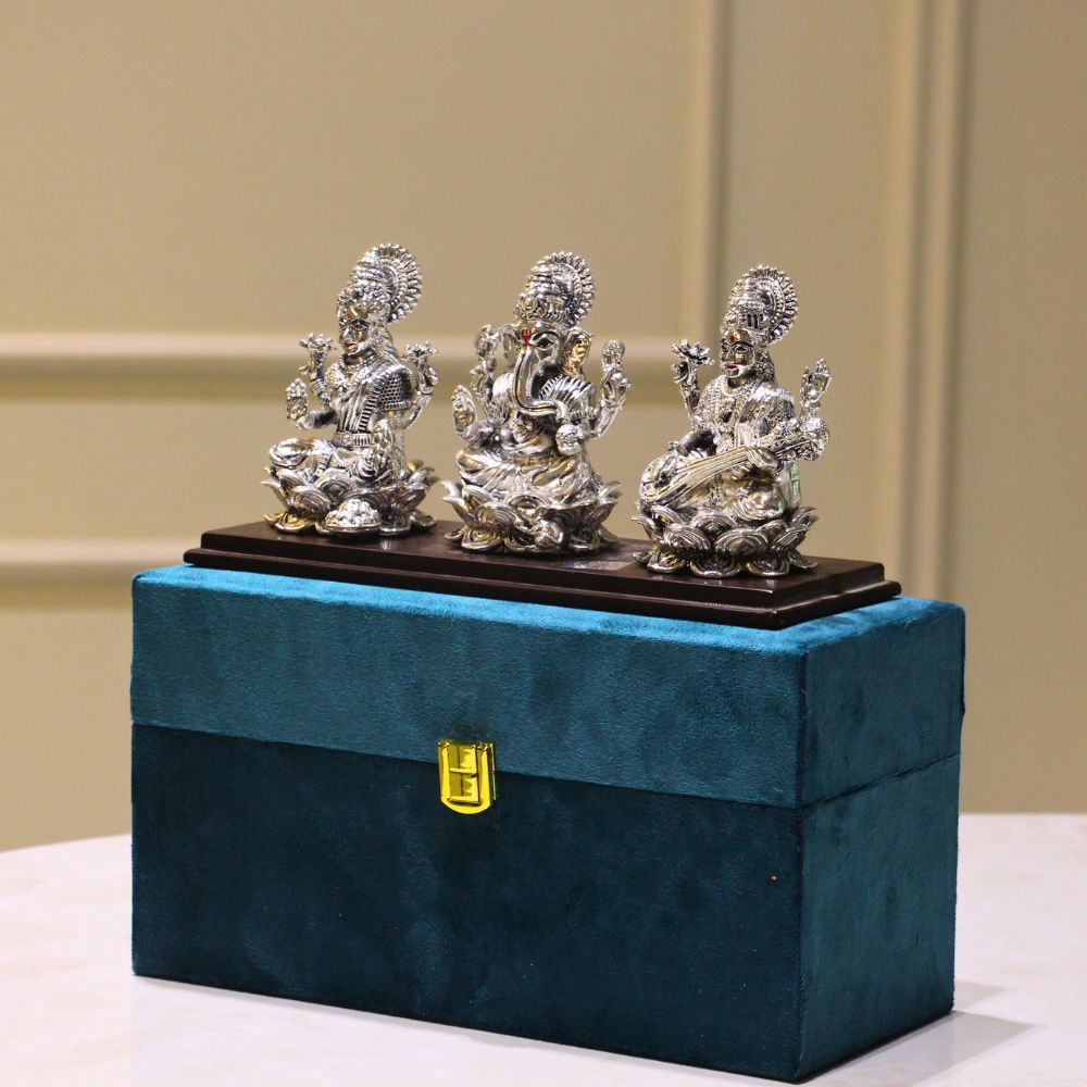 Laxmi Ganesh Saraswati Idol Set – Silver Finish, Boxed — view 3