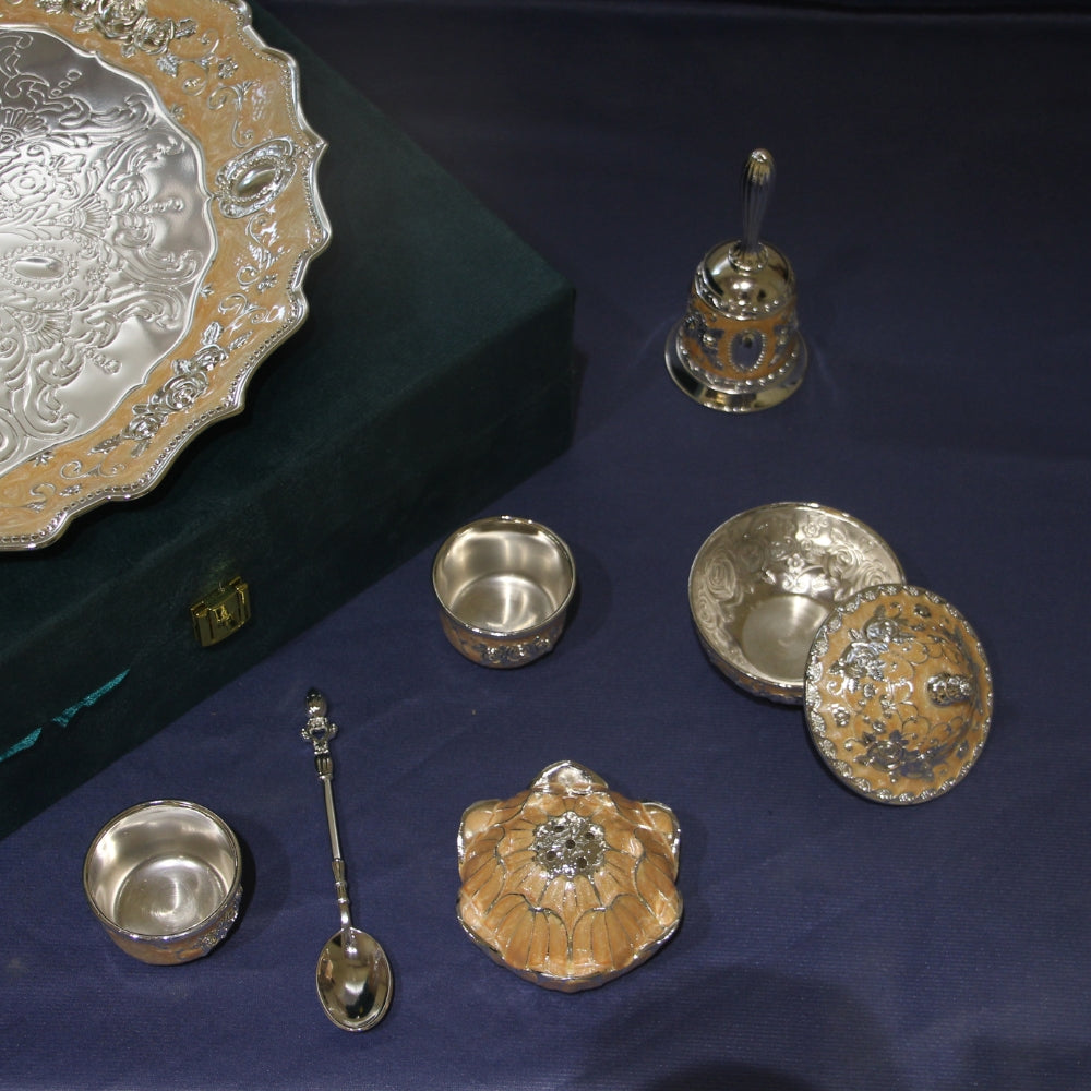 German Silver Pooja Thali Set – 7 Pieces with Gift Box — view 4