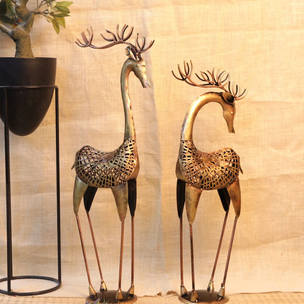 Painted Deer Tealight Stand – Set of 2 — Antique gold with painted cutwork bodies