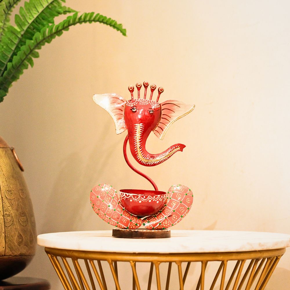 Painted Ganesha Tealight Holder – Red — view 3
