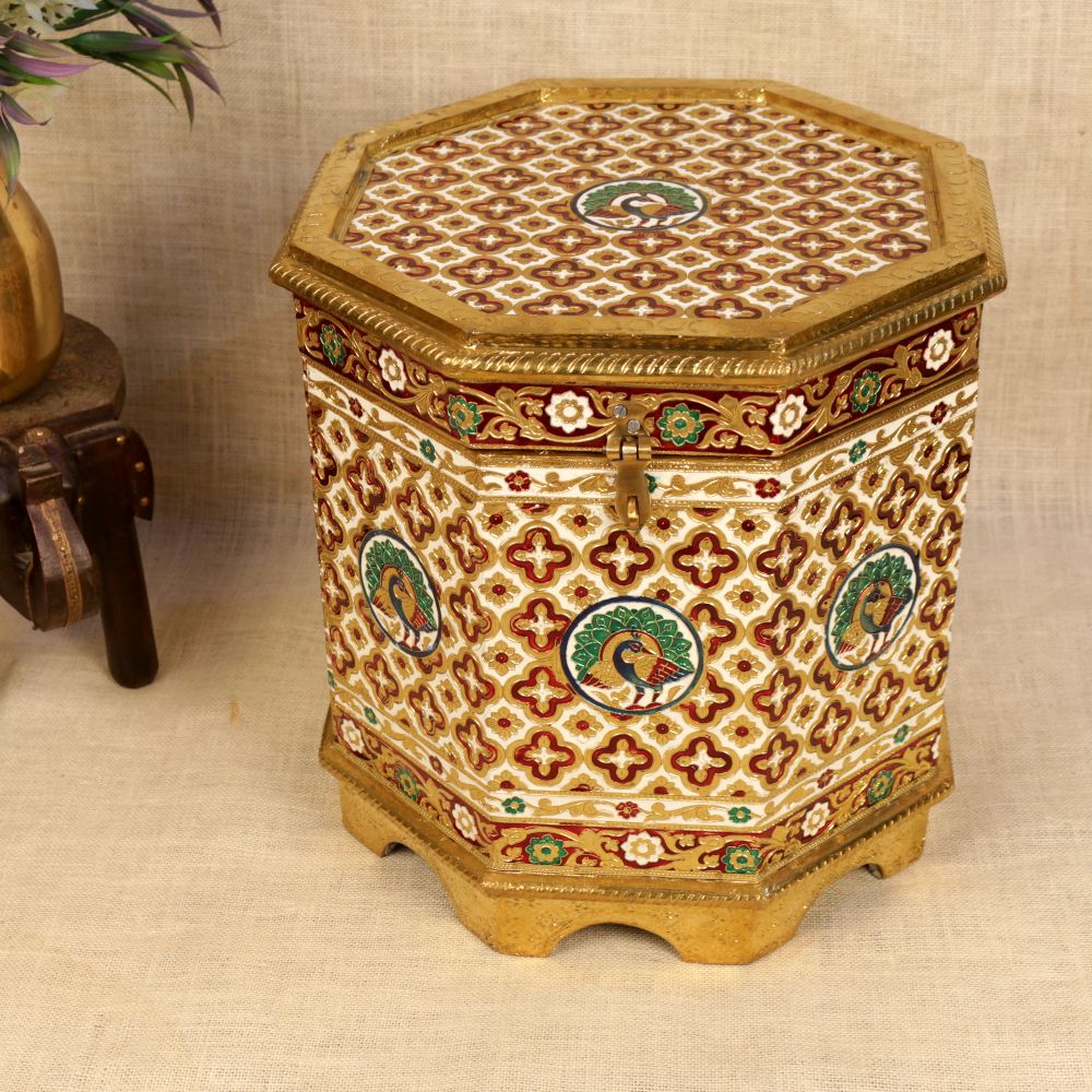 Meenakari Tunkey Stool – 14 inch — Ivory and gold meenakari with coloured floral panels