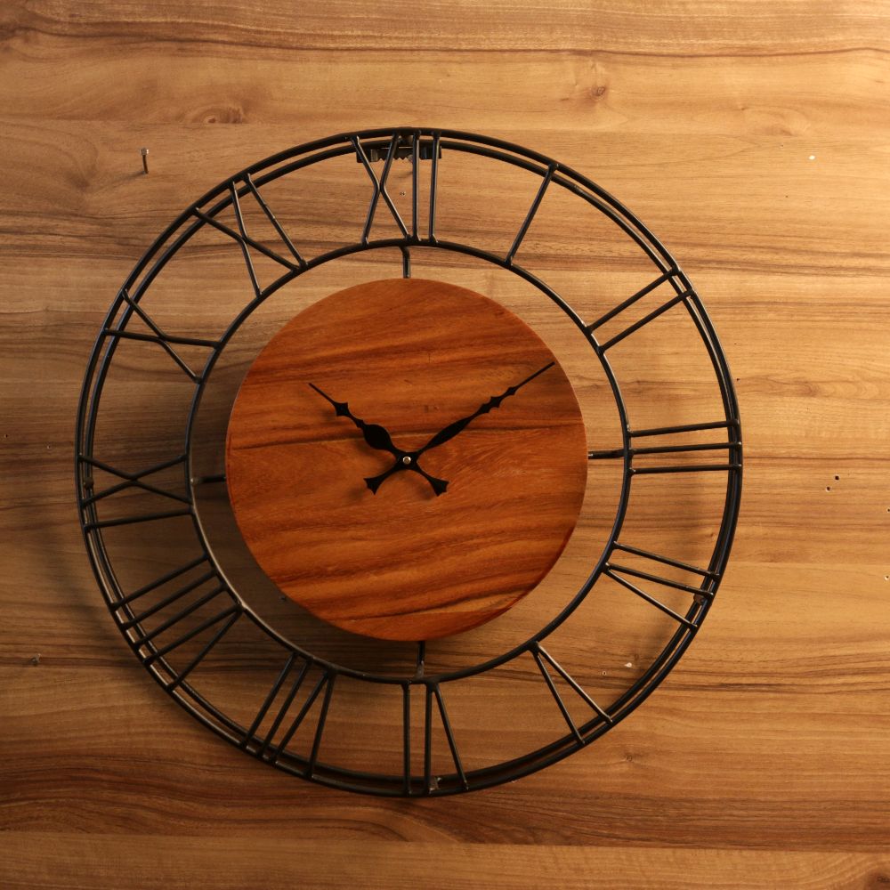 Geometric Iron and Wood Open-Dial Wall Clock — view 3
