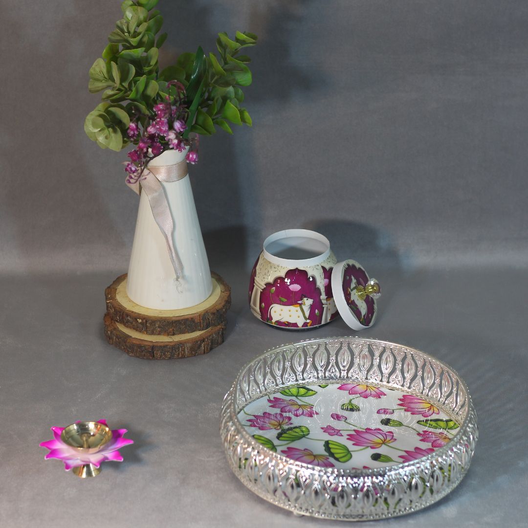 Iron Jali Basket with Meenakari Bowl and Diya