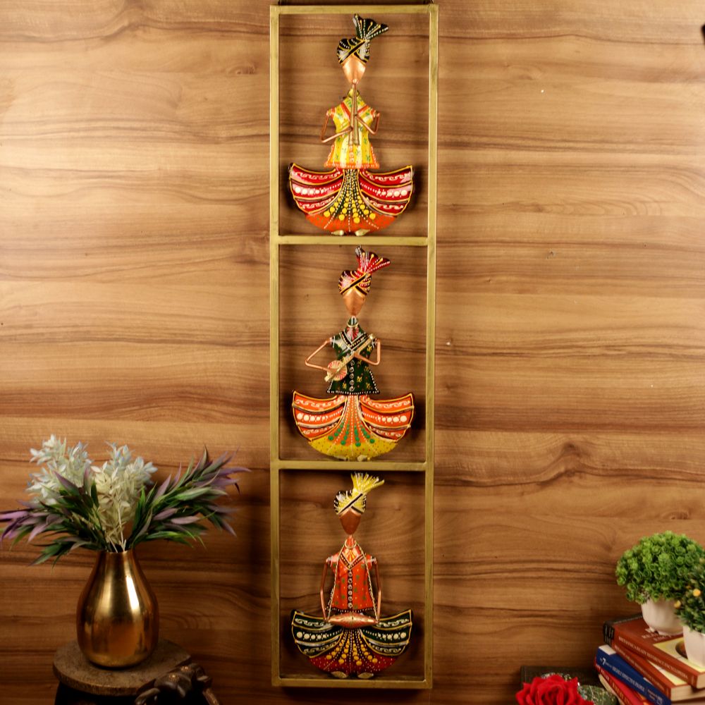 Painted Musician Wall Frame – Set of 3 — Gold-tone frame with multicolour painted figures