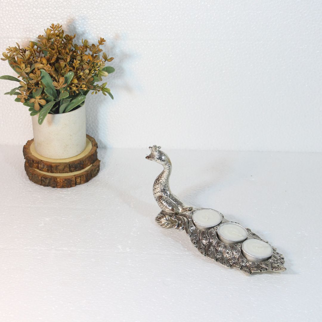 Peacock Tealight Holder – Single — Antique silver tone
