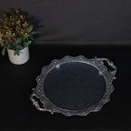 Oval Serving Tray with Peacock Handles – 11 inch — Antique silver tone with a dark fibre base