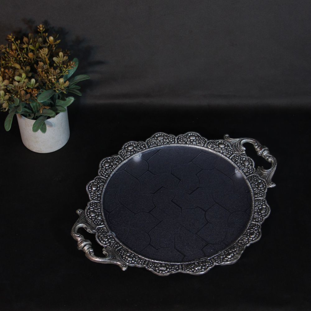 Oval Serving Tray with Peacock Handles – 11 inch — Antique silver tone with a dark fibre base