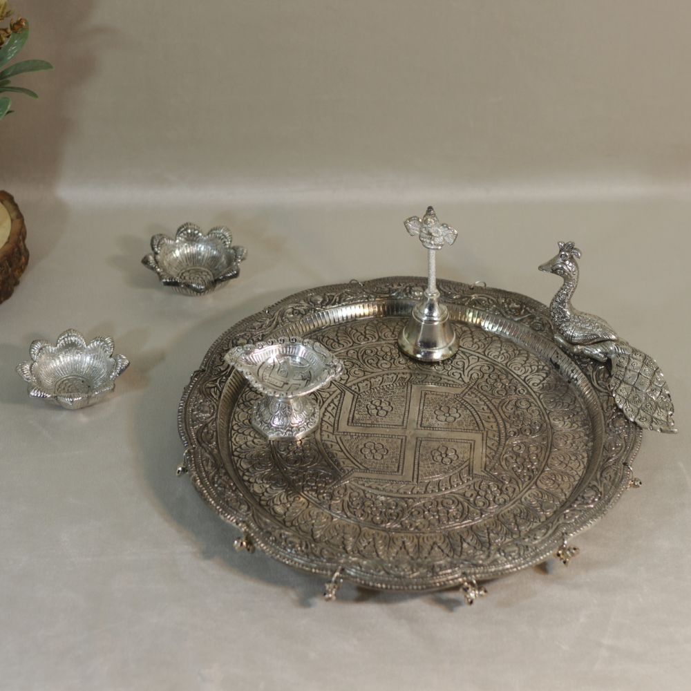 Peacock Pooja Thali with Diya and Containers — view 4