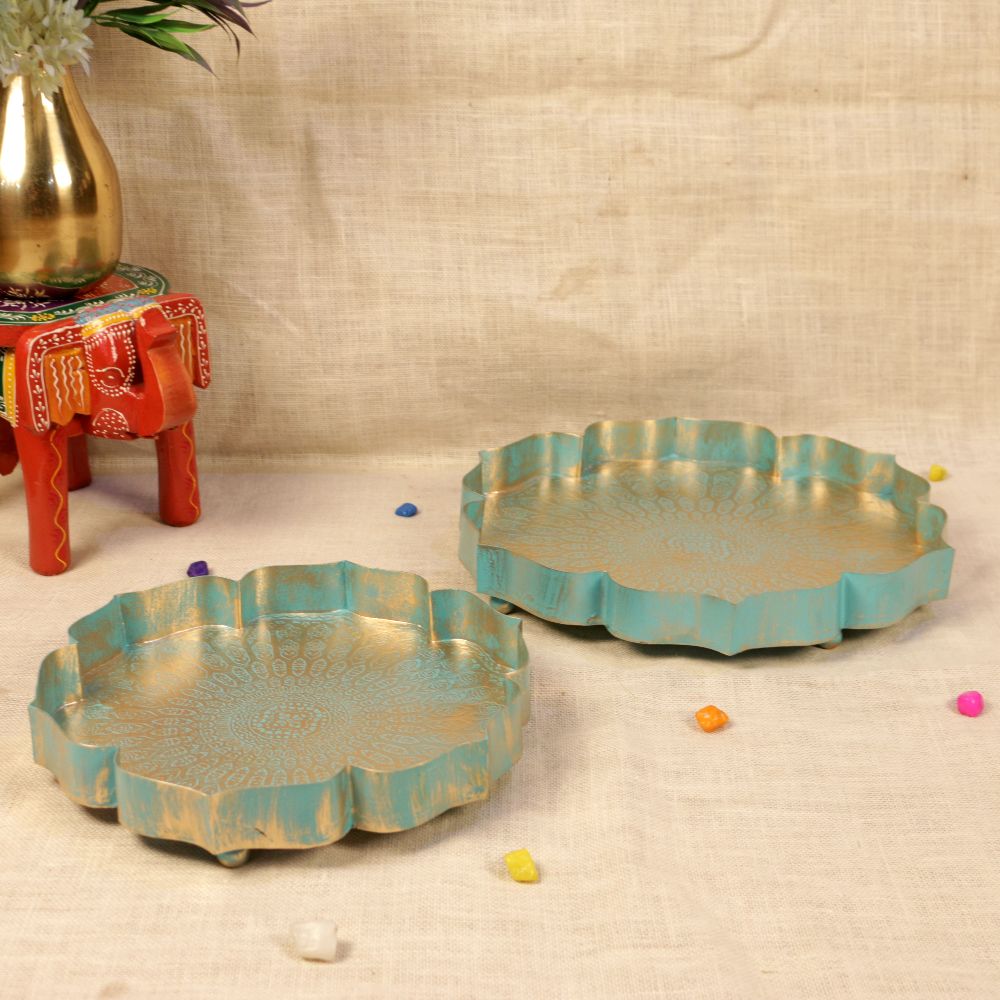 Star Tray – Green and Gold, Set of 2 — Sea green with a gold-washed interior