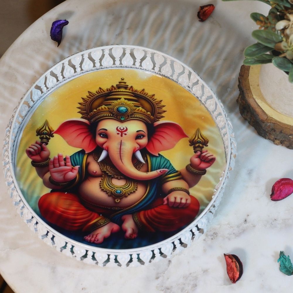 Ganesha Decorative Wall Plate – 8 inch — Cream and silver rim with a full-colour Ganesha panel