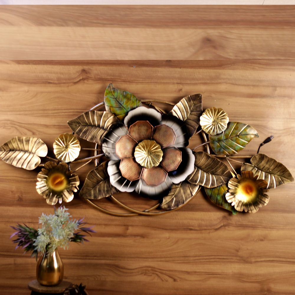 Sunflower Wall Art Panel — Antique gold and pewter with green leaf detailing