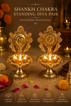 Shankh Chakra Standing Diya Pair – Handcrafted Golden Metallic Pooja Set