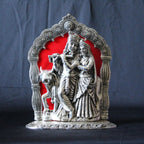 Radha Krishna Temple Arch Idol – 11.5 inch — Silver tone with a red fabric backing