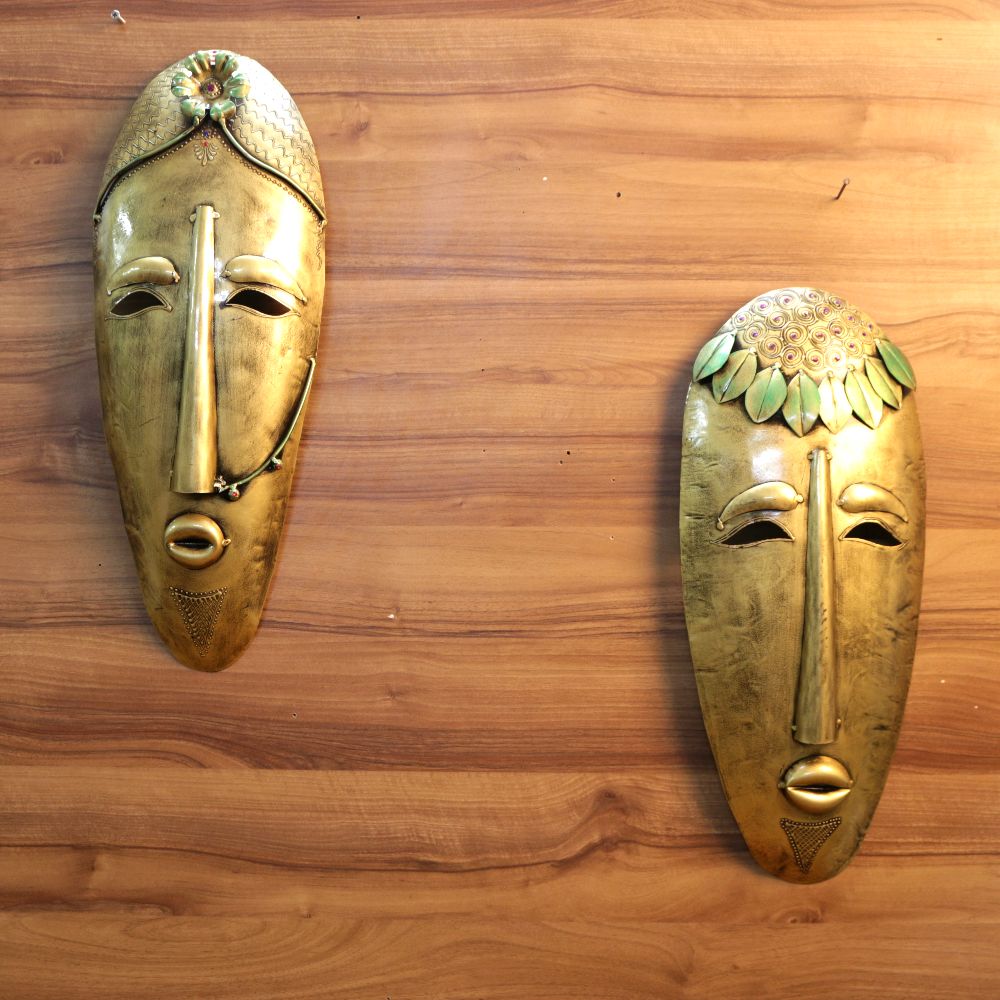 Painted Iron Wall Mask – Pair — Antique brass with soft green patina detailing