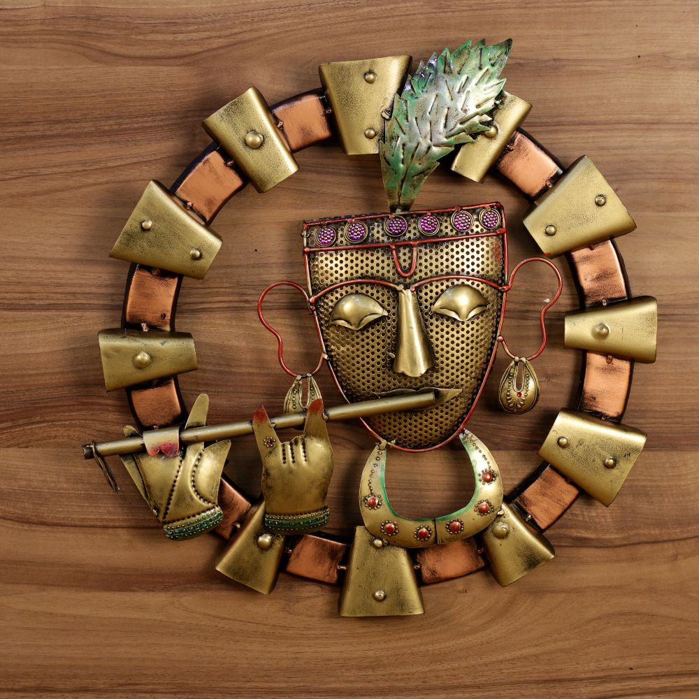 Krishna Face Wall Ring with Metal Tiles — Antique brass and copper tiles