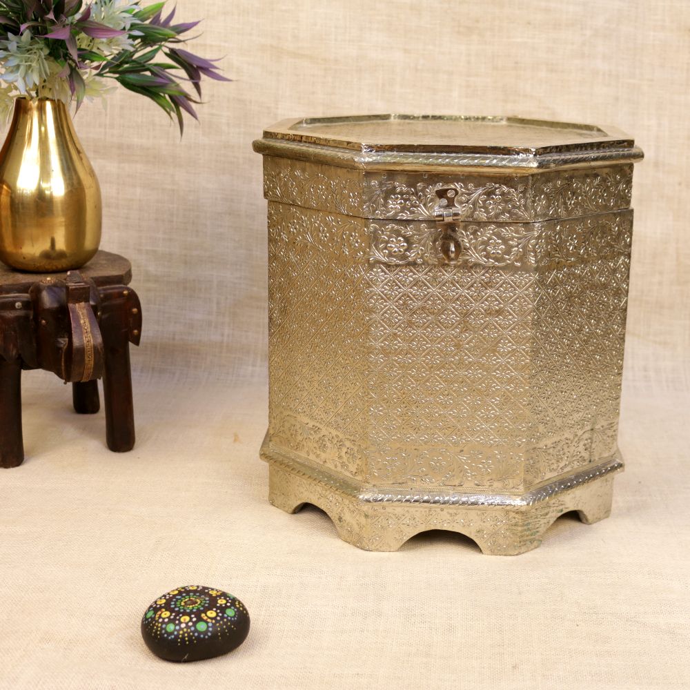 Embossed Silver Tunkey Stool — Antique silver over embossed panels
