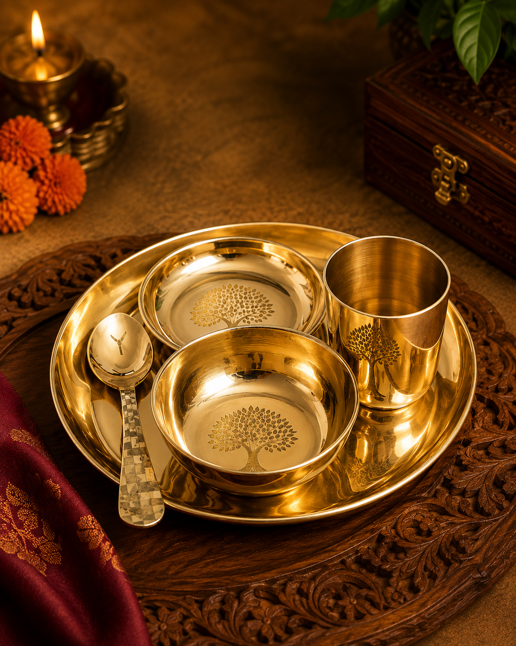 Annprashan Pure Kansa Baby Dining Set — Laser-Engraved Tree of Life (5 Pieces)