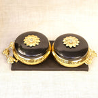 Black and Gold Lidded Bowl Set with Tray — Matte black with gold rims and flower finials